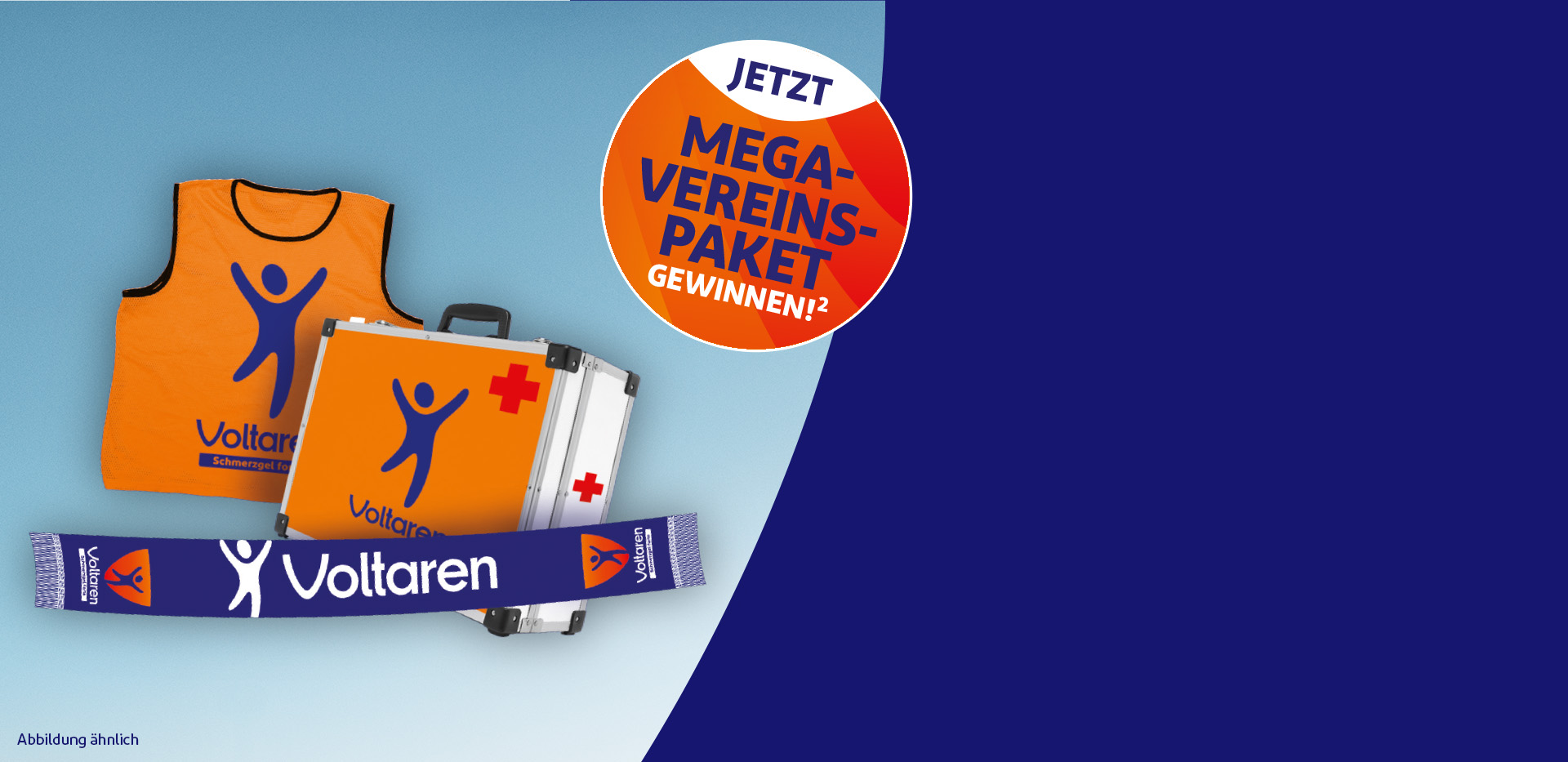 Orange Trainingsweste, Erste-Hilfe-Koffer und blauer Voltaren-Schal vor hellem Hintergrund; daneben ein orangefarbener Kreis mit der Aufschrift 'Jetzt Mega-Vereinspaket gewinnen